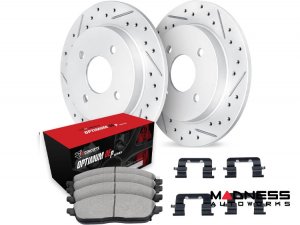 Mazda Miata MX-5 Brake Kit - Front - R1 Concepts - Optimum OEp Brake Pads - GEO-Carbon Drilled + Slotted Rotors